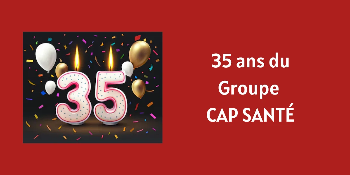 Visuel sur fond rouge : bougies allumées en forme de 35, ballons blancs et dorés, confettis sur fond sombre